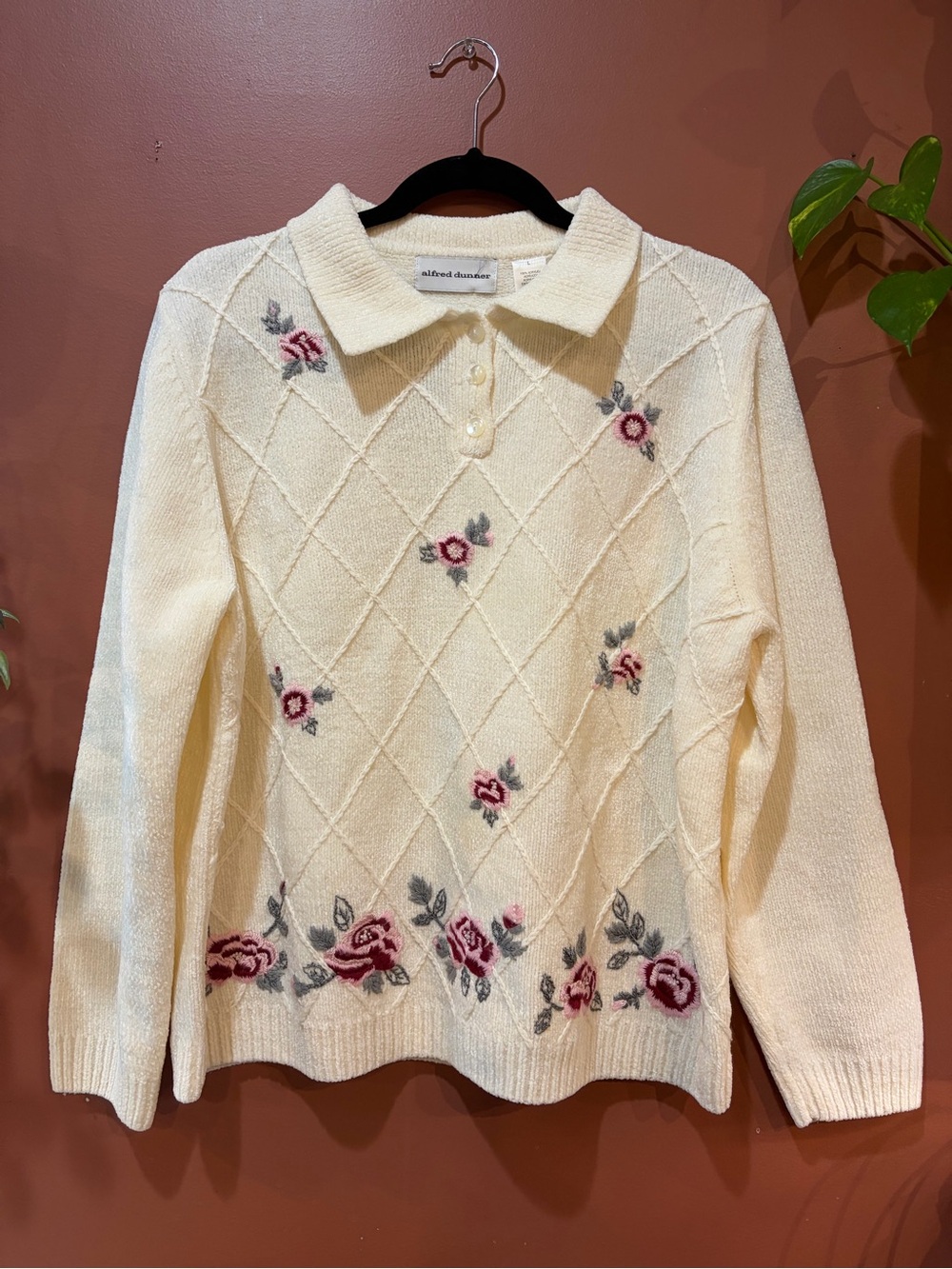 Alfred Dunner Cream Sweater Floral Embroidery